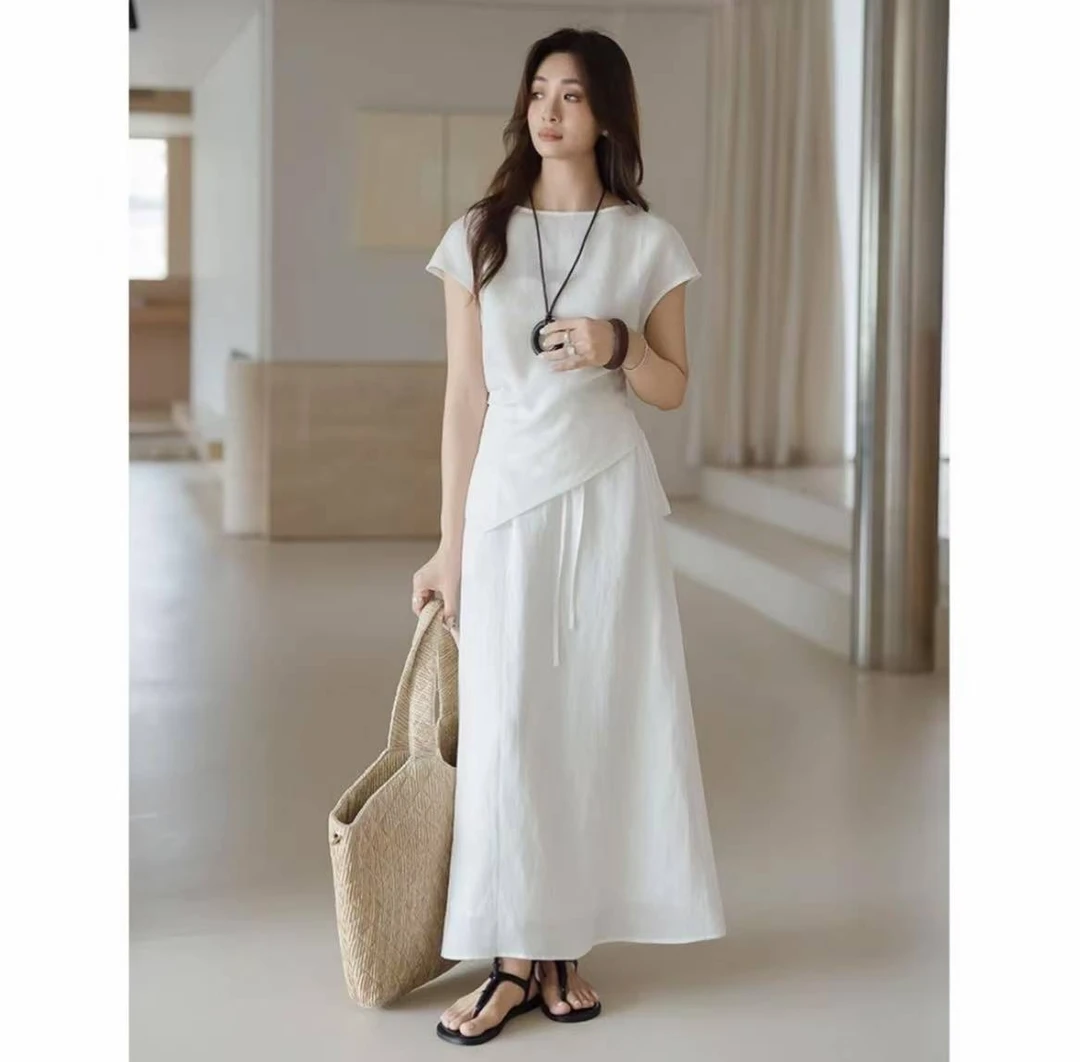 白色亚麻套装夏2025新款高级感斜边T恤休闲半身清冷系禅意衣服女