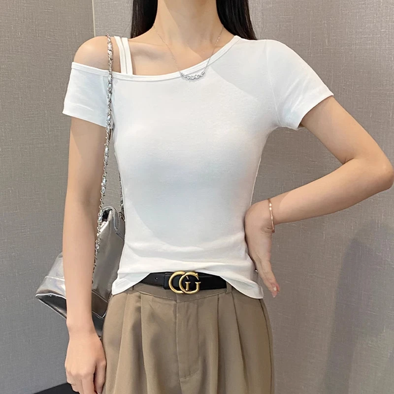 白色斜肩t恤女春夏新款修身一字领半袖内搭显瘦潮设计纯棉T恤