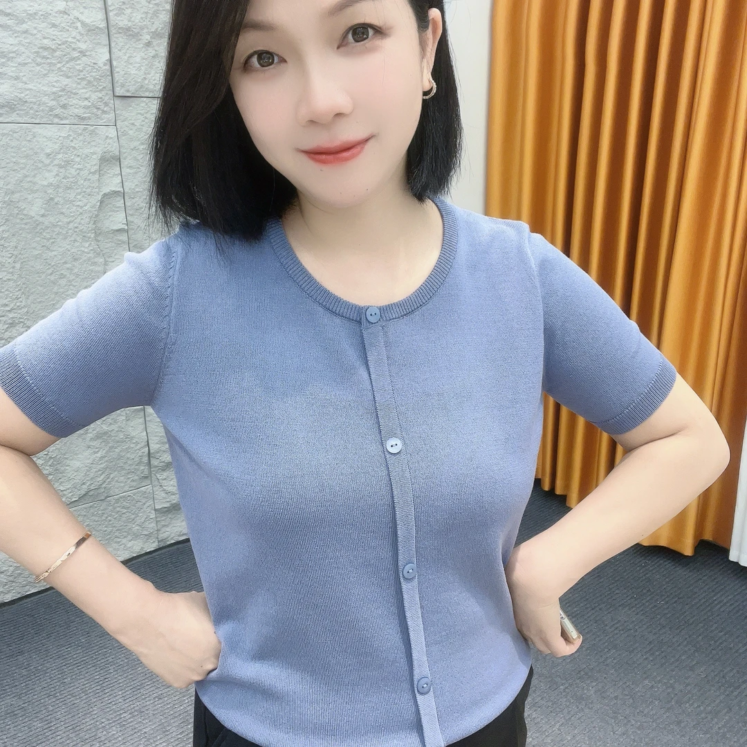 5124夏季薄款上衣【大米家专属】欧货圆领单排扣针织假开衫短袖遮肚