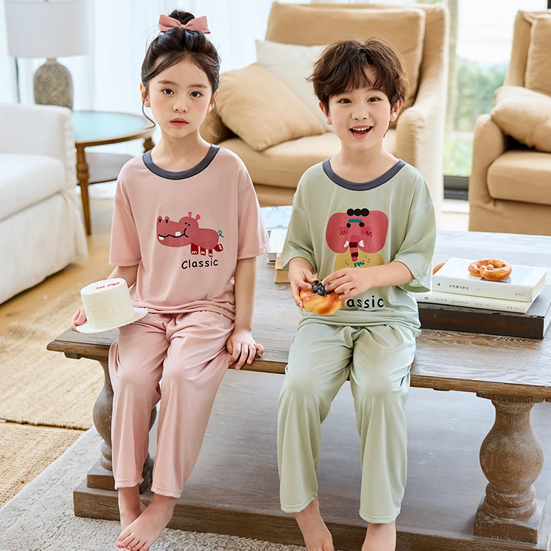 儿童睡衣新款男童夏季薄款天丝套装宝宝短袖中大童女孩家居服空调