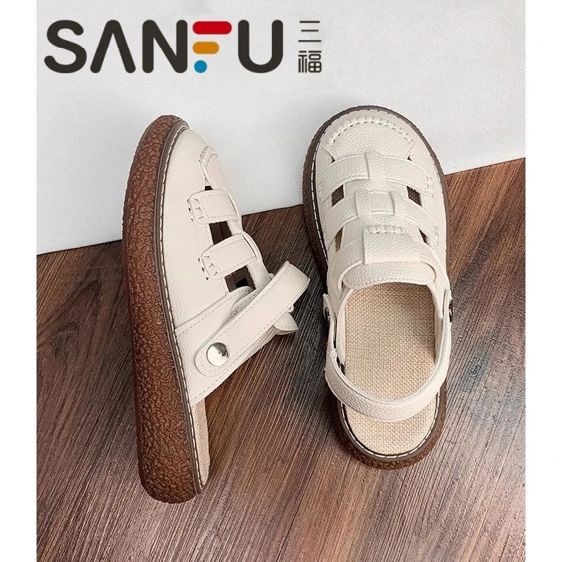 三福包头罗马凉鞋女夏季2025年新款厚底孕妇软底平底镂空沙滩鞋