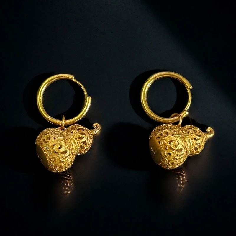 925银耳饰 国风s925银花丝卷曹文镂空葫芦耳坠金色气质复古