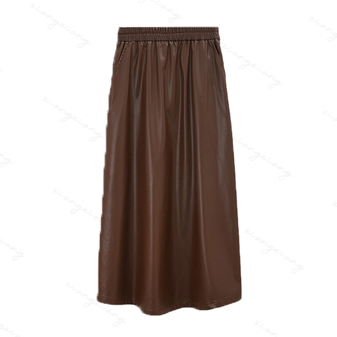 A 10219-2 女装咖色pu皮裙半身裙秋冬高腰中长款开叉直筒裙