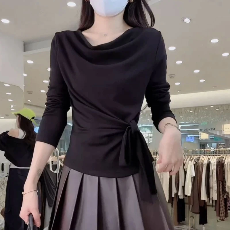 韩系设计感收腰系带T恤女2025秋季新款气质显瘦开叉chic别致上衣