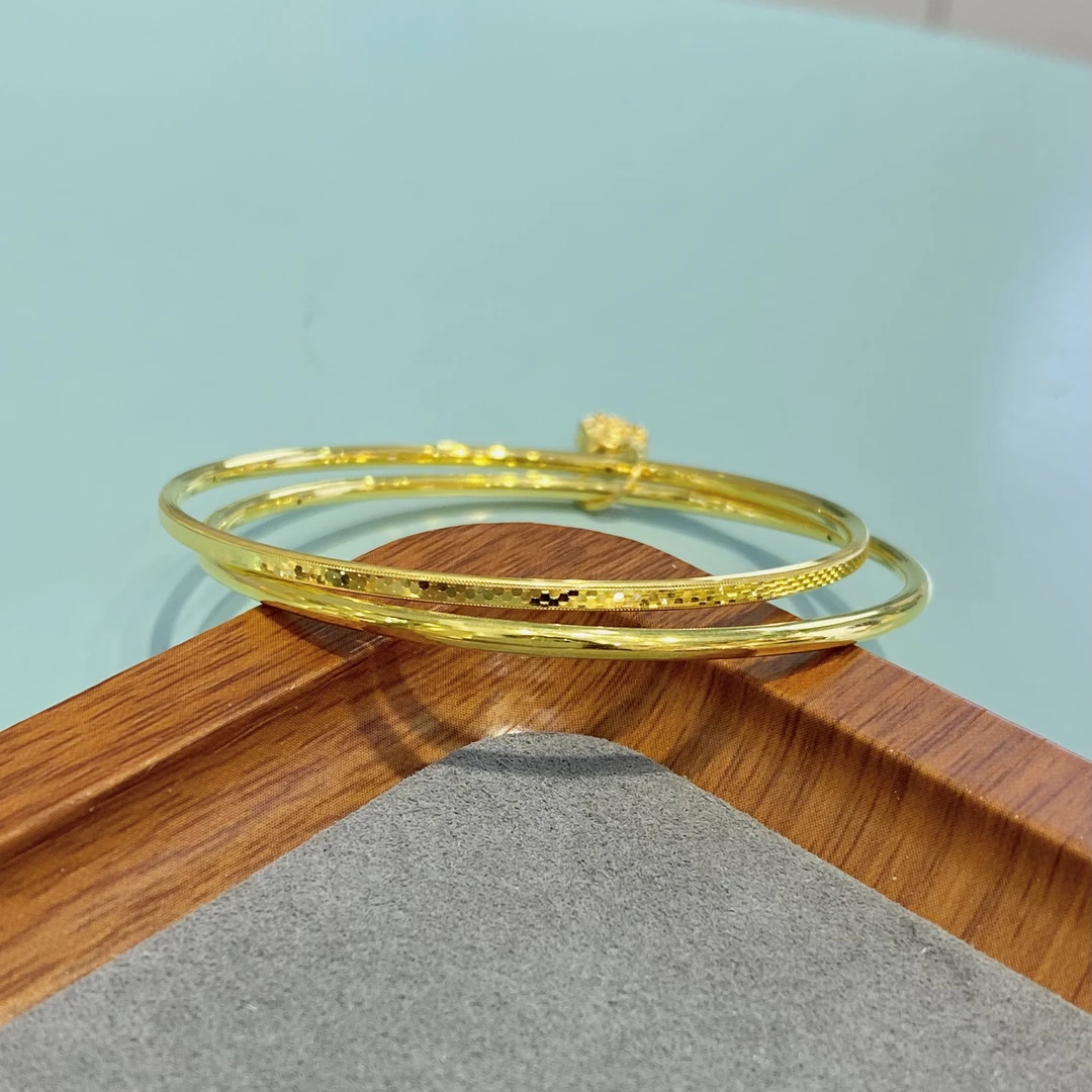 足金999无氰5D硬金空心固口手镯龙鳞光圈双环手镯福字滴溜