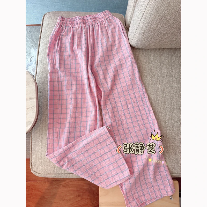 【张静芝】韩国新品~清新粉蓝撞色格纹宽松松紧腰百搭时髦休闲裤