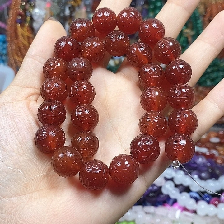 玛瑙/玉髓未镶嵌珠宝半成品玛瑙回纹雕刻卡14mm