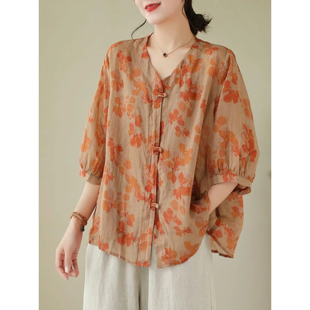 哥弟阿玛施正品棉麻印花衬衫女士夏装宽松V领盘扣衬衣遮肉显瘦减