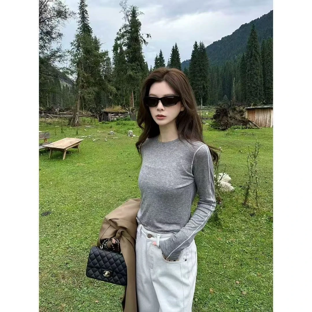 YD-韩系！明线拼接时尚休闲百搭拼接纯色打底衫长袖女
