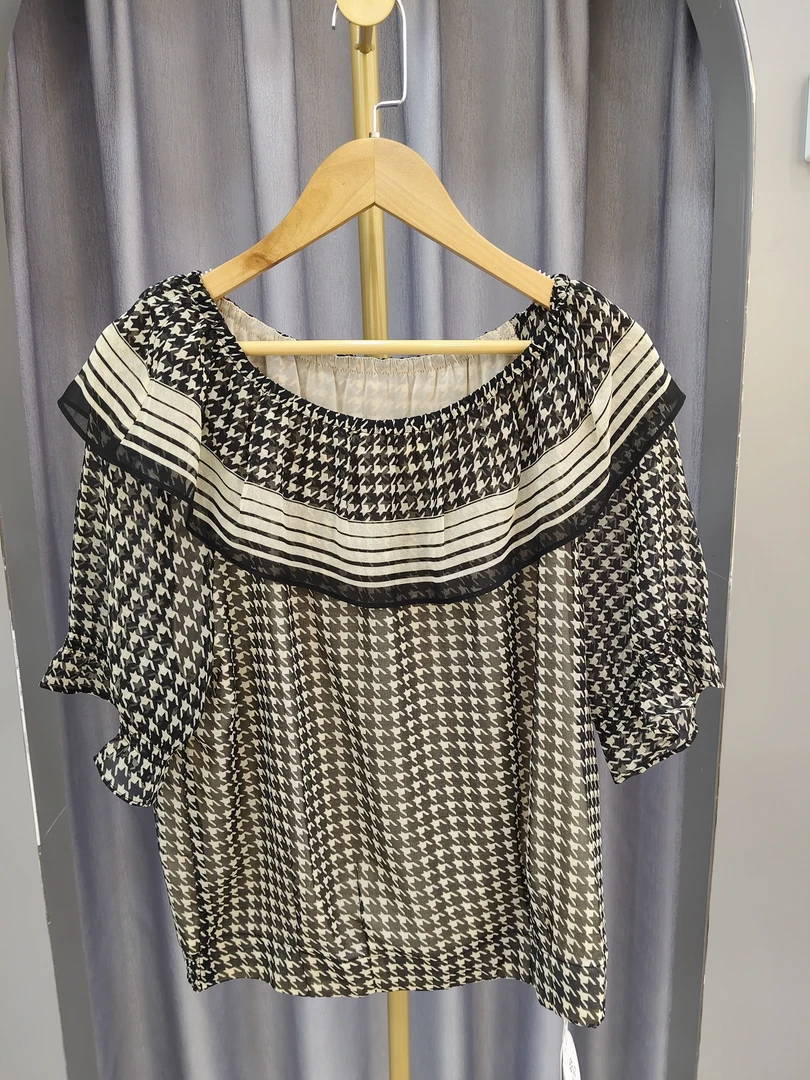 GD*千鸟格荷叶领短袖夏季专柜正品新款显瘦休闲减龄上衣