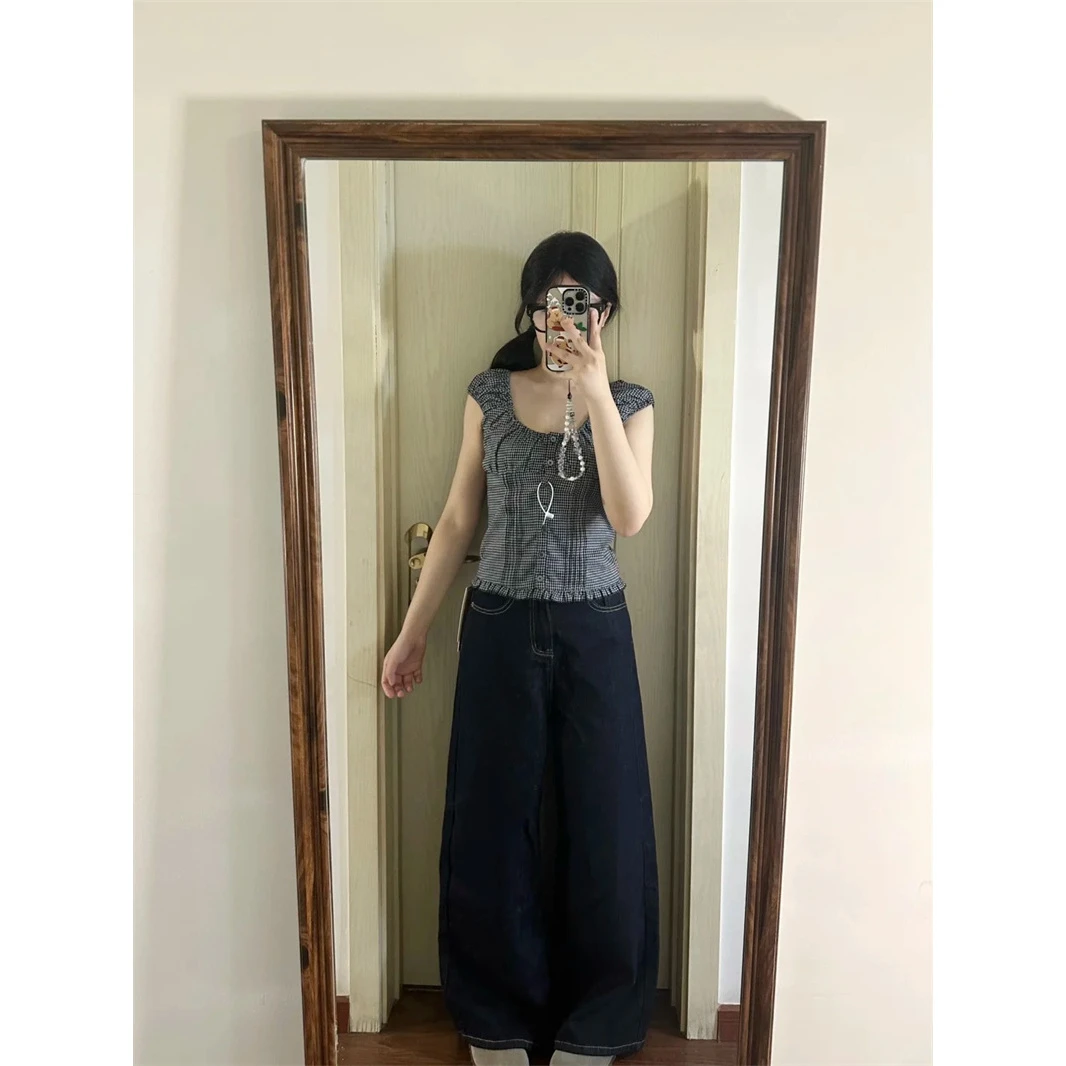 高个子美式复古深蓝色阔腿牛仔裤女新款高腰显瘦直筒垂感拖地裤子