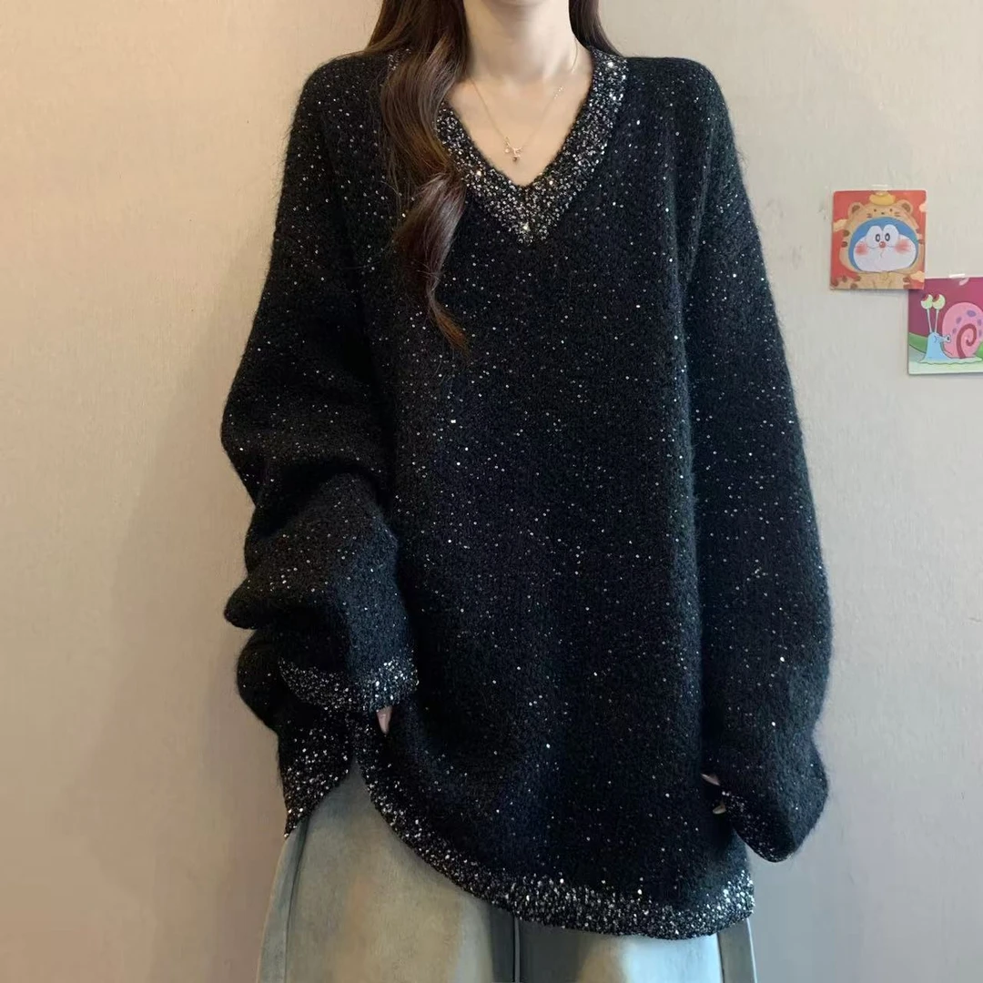 冬季新款加厚亮片大码针织毛衣时尚休闲设计感重工细闪针织毛衣女