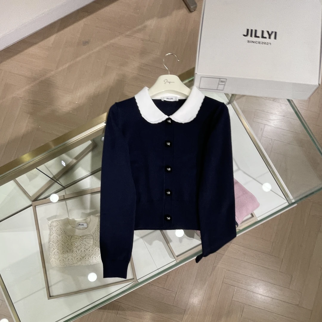 jillyi【谬系甜妹】深蓝色元宝领蝴蝶结单排扣时尚少女风针织开衫