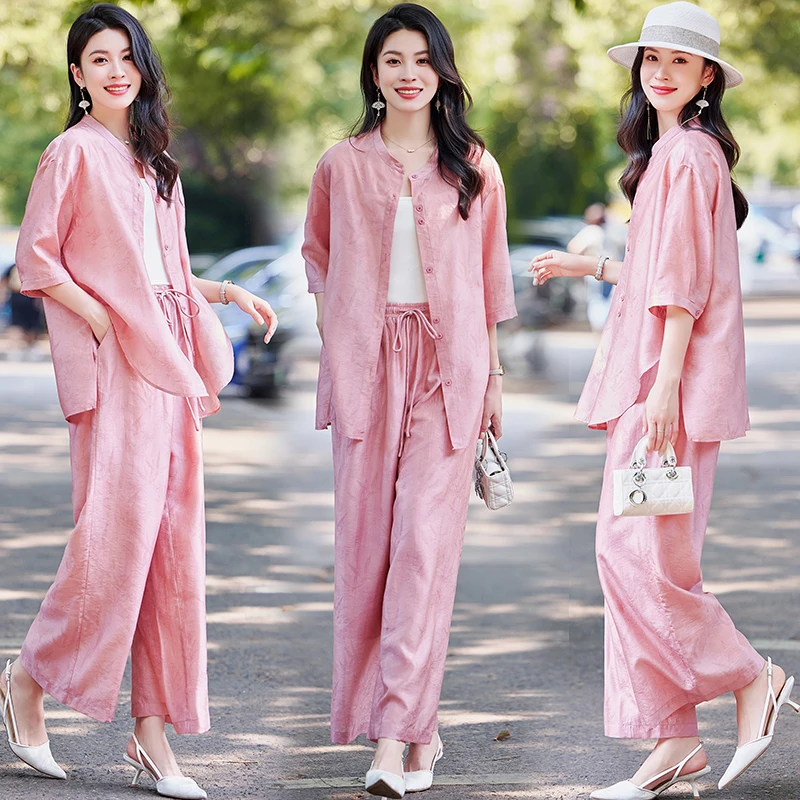 时尚天丝套装2025新款夏季棉麻阔腿裤两件套女装清冷系禅意衣服女