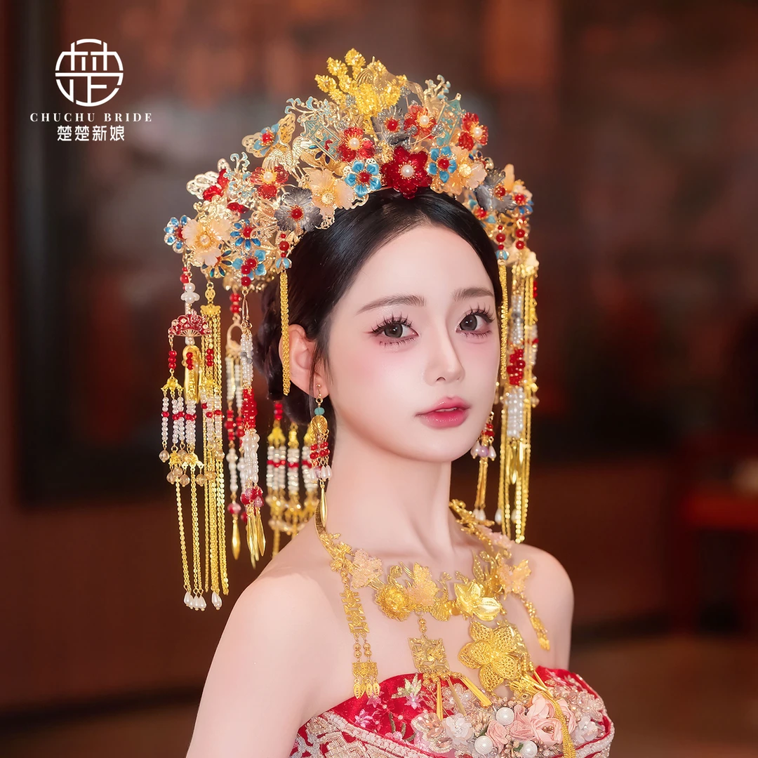 大气新颖复古传统手工凤冠汉服龙凤褂秀禾发饰中式婚礼新娘头饰女