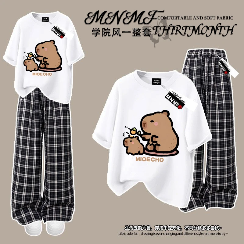 卡皮巴拉夏季套装男女童短袖T恤格子长裤复古风洋气学生中大童ins