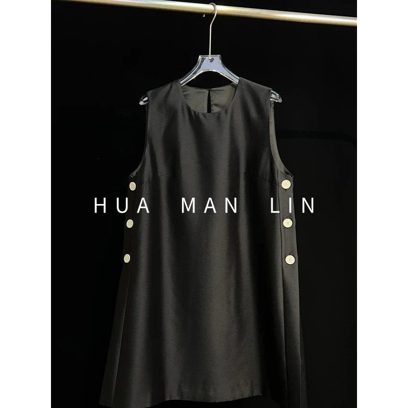 【花满林】圆领后扣两侧排扣真丝桑蚕丝丝毛中长款背心上衣259795