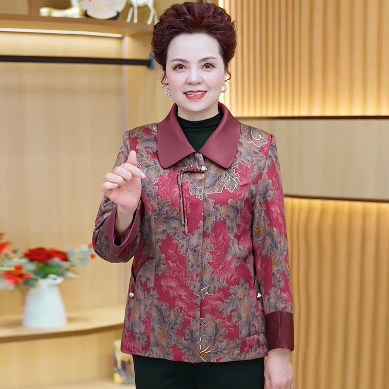 2025新款妈妈装翻领长袖开衫春秋新款外套洋气新中式奶奶气质上衣