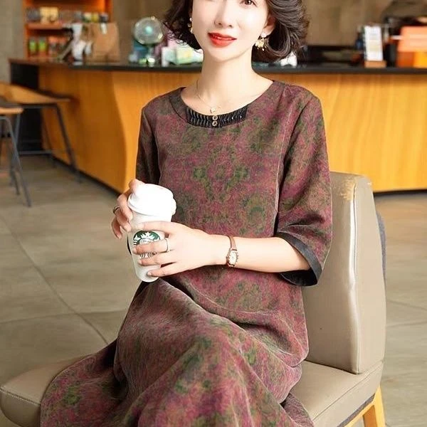 高级轻奢连衣裙夏季时尚气质妈妈新款大码宽松印花长裙子中年复古