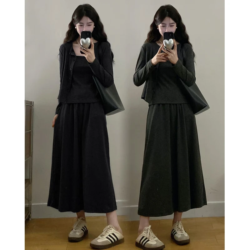 大码胖mm秋季新款套装裙女高级感韩系气质开衫吊带半裙三件套女