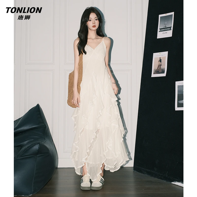 唐狮法式白色V领吊带气质连衣裙女不规则网纱蛋糕裙度假沙滩长裙