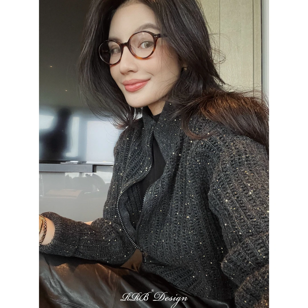 RRB Design「高级冷调」100%美利诺羊毛珠片镂空长袖毛织开衫外套