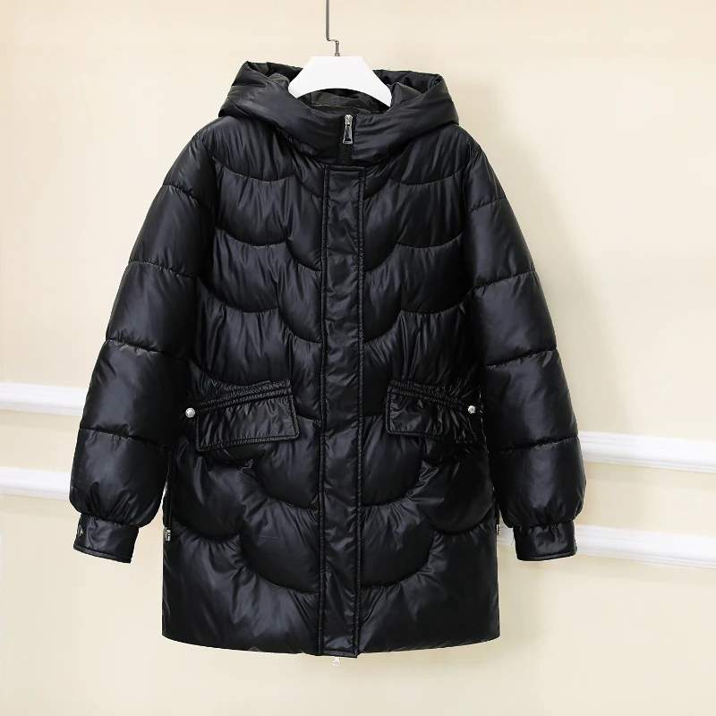 时尚免洗亮面中长款黑色棉服加厚女冬季新款韩版保暖棉袄女士外套