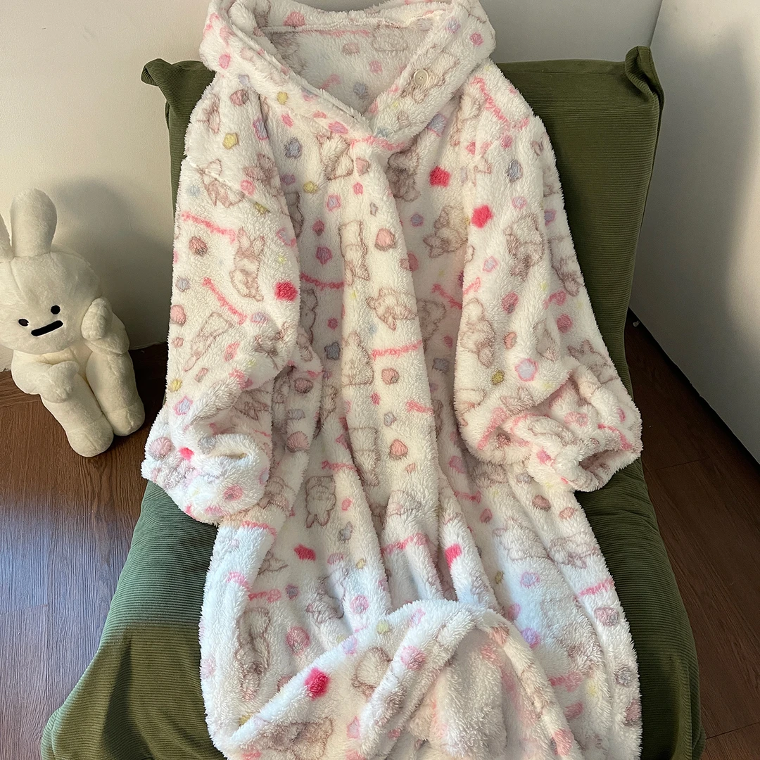 网红睡衣女生冬季珊瑚绒懒人连帽睡袍加大码宽松睡裙200斤家居服