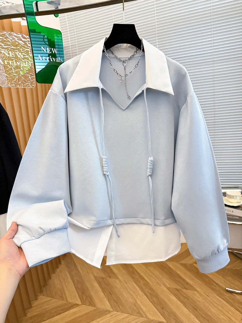 韩版减龄polo领正肩长袖卫衣女春秋季新款洋气时尚显瘦假两件上衣