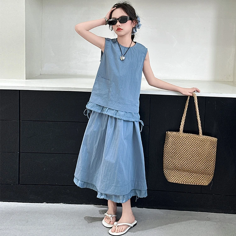 女童套装夏季新款中大童无袖背心马甲裙子两件套女孩洋气夏装韩版