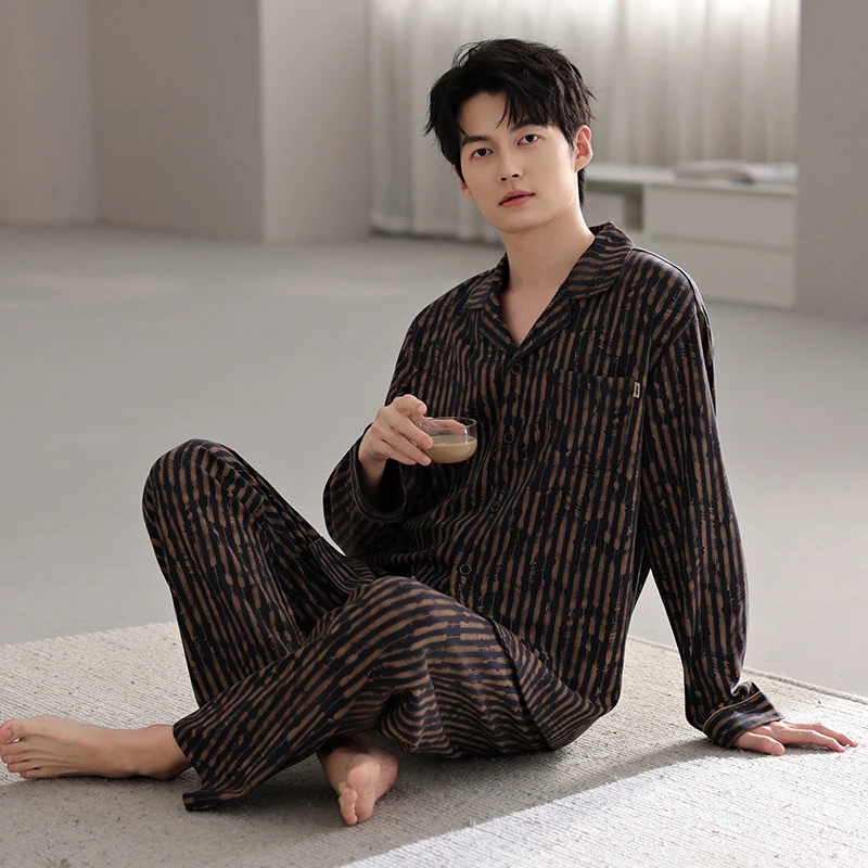 【高档纯棉】男士睡衣全棉春秋款纯棉翻领家居服长袖长裤中老年爸爸