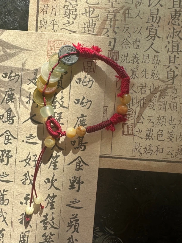 岫玉花玉五帝钱手串手工复古百搭古风民族风编织