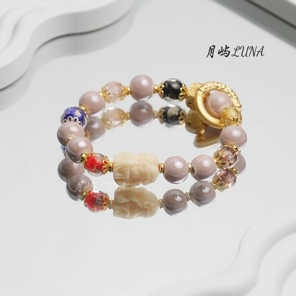 少女粉瓷ins色拼色女手链手饰简约吊坠时尚单圈手串百搭气质