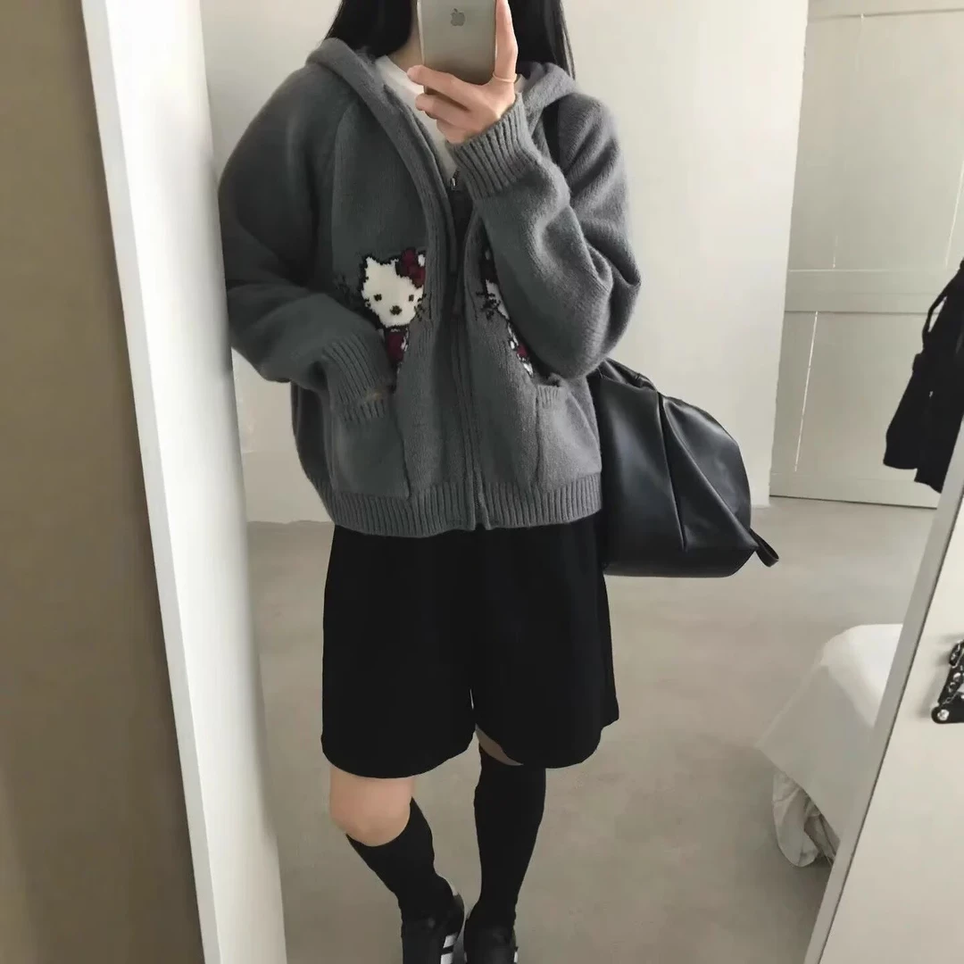 K2269 KT猫&韩系减龄卡通提花针织连帽开衫