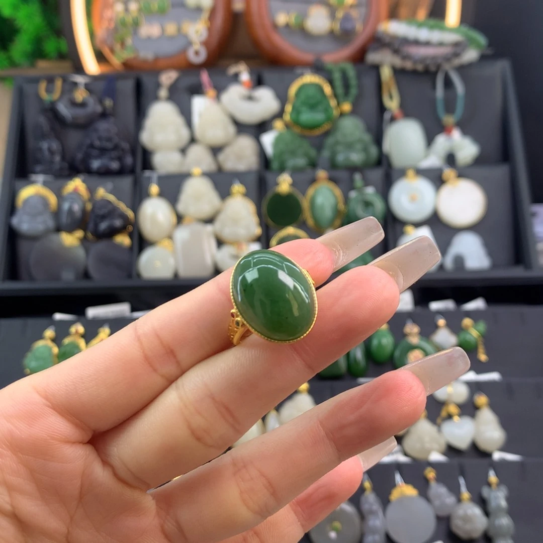 和田玉戒指银S925镀金镶嵌疏****派