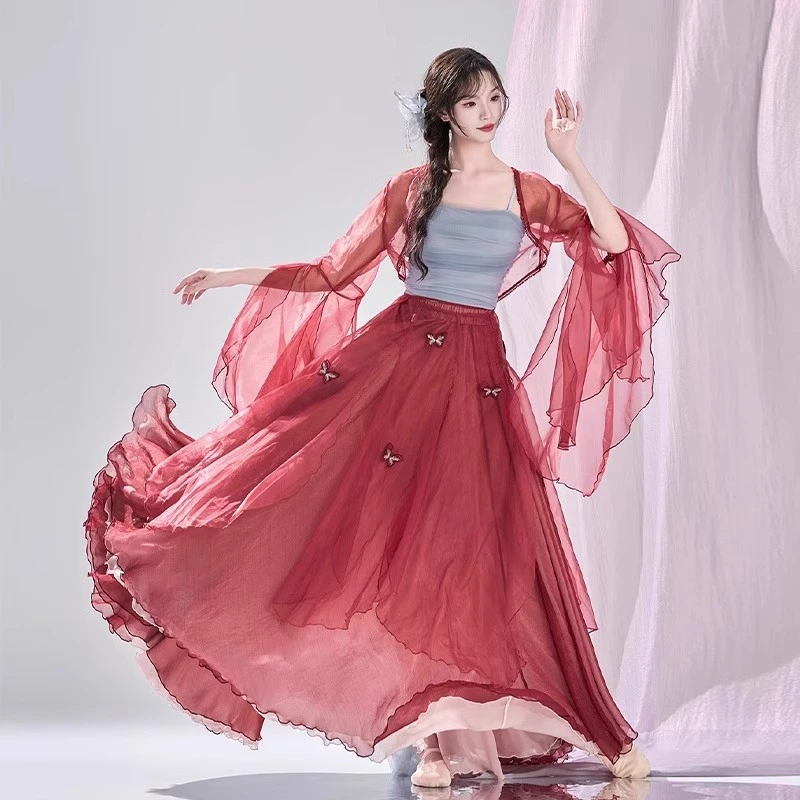 新款仙气飘飘古典舞服装演出服古风舞蹈服中国舞纱衣大摆裙女红色