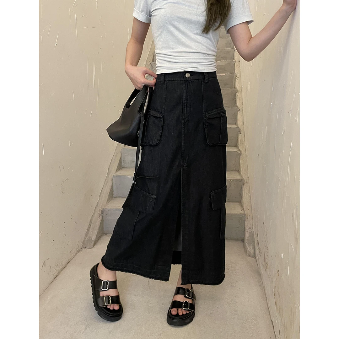 晶咕白标 法式口袋前开叉工装中半身裙夏季时髦休闲百搭大码裙子