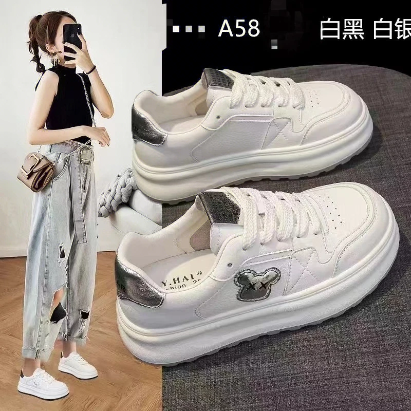 A58厚底小白鞋女2025新款百搭学生系带板鞋ins潮运动鞋