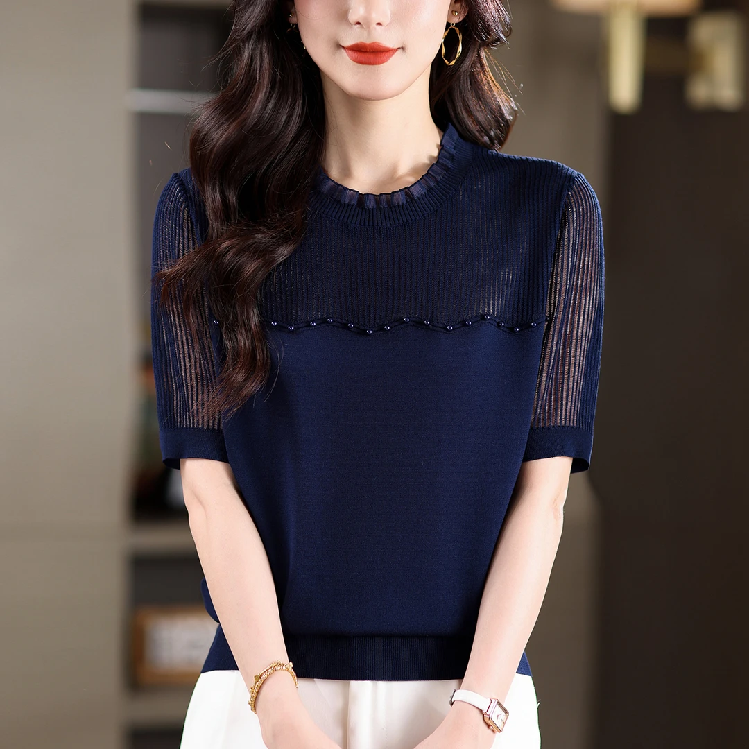 胖mm夏装大码冰丝针织衫女士的短袖t恤宽松遮肚子巨显瘦蕾丝上衣