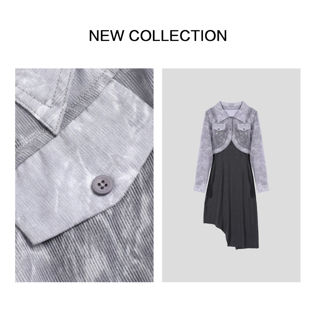 【芳芳专属】D1F27058 短款长袖上衣+黑色连衣裙套装-7058