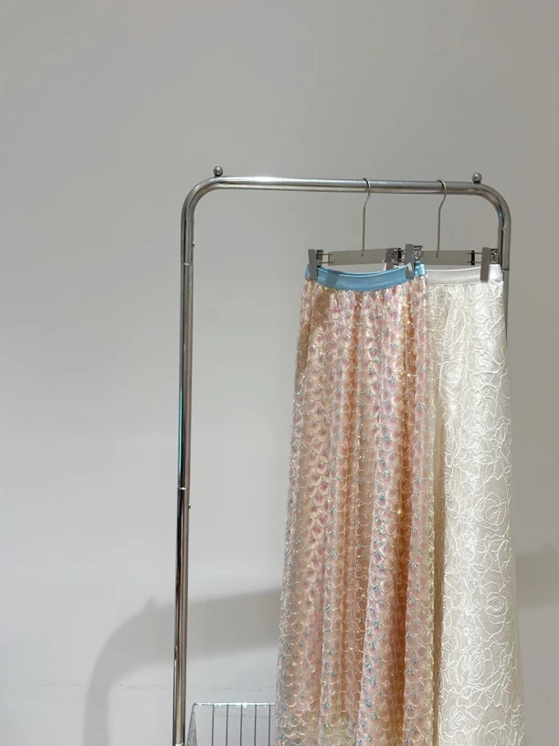 知雨前【美人鱼】真丝半身裙伞裙拼接亮片纱裙女裙子春夏新气质高腰