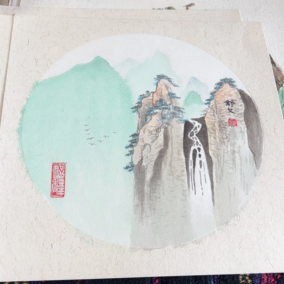 国画倒***熊舒文35斗方卡纸山水朱
