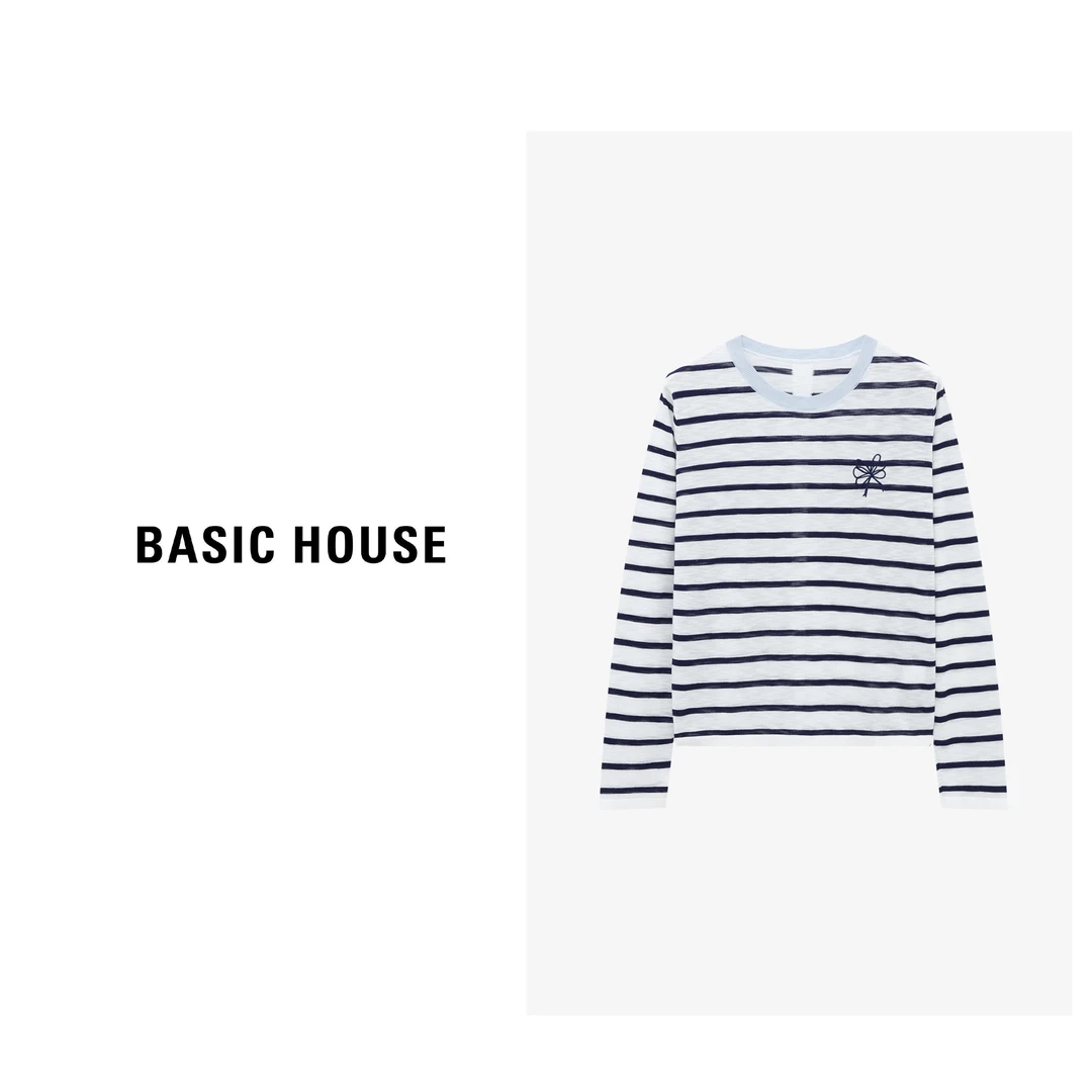 Basic House/百家好时尚条纹休闲减龄百搭圆领针织衫-B0625B5GRU2