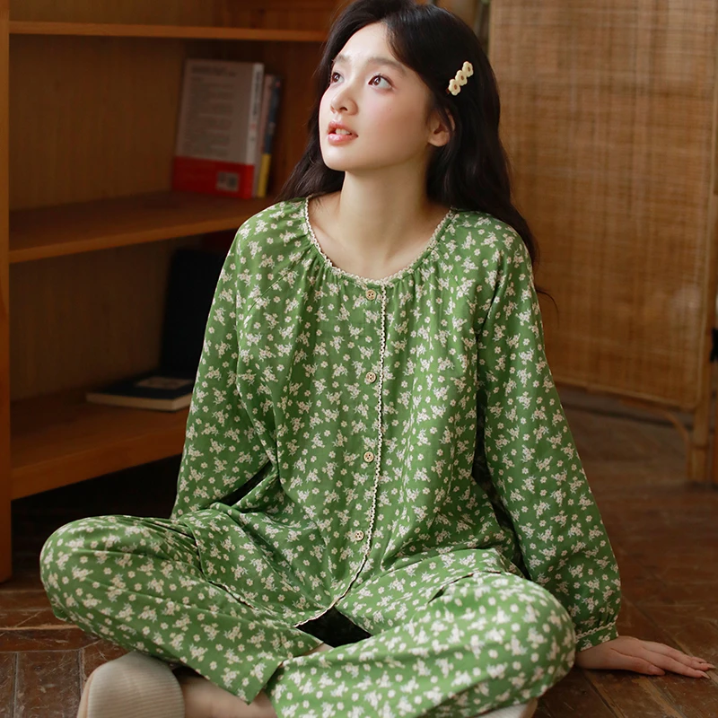 2025新款甜美碎花纯棉睡衣春秋款女长袖可外穿圆领大码家居服套装