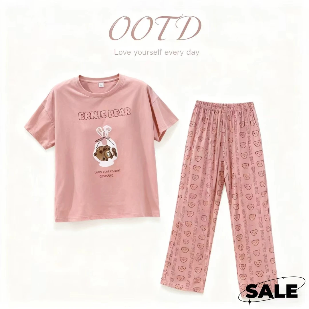 芬亿春夏睡衣显宽松减龄简约舒适爽棉女款短袖长裤可爱印花可外穿