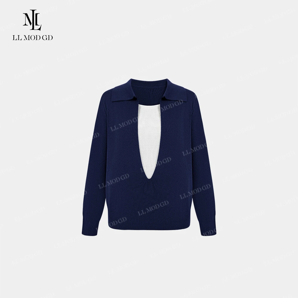 针织柔情 老钱风POLO领撞色假两件气质显瘦绵羊毛针织 YL-6200078