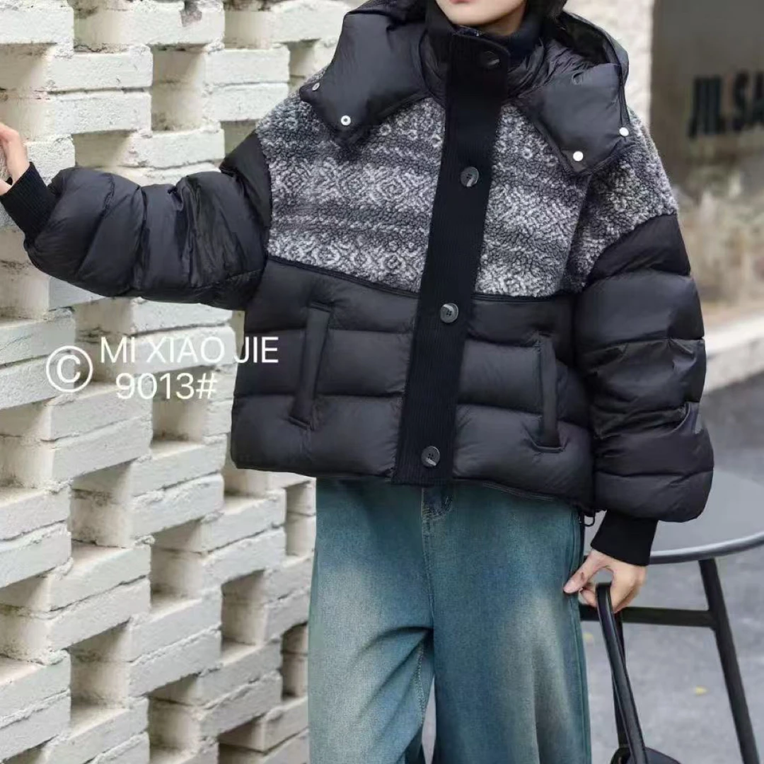 宽松休闲拼接连帽保暖显瘦短款白鸭绒羽绒外套