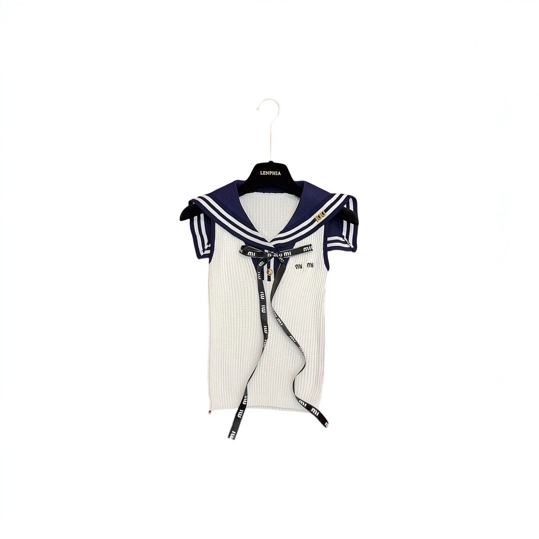 海军领字母刺绣夏款无袖针织衫女上衣HS105