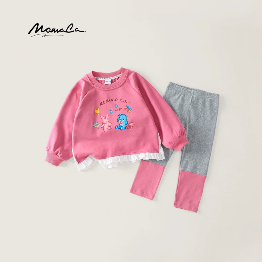 MOMOCO春秋季女童圆领休闲风印花蕾丝套装时尚两件套77580580007