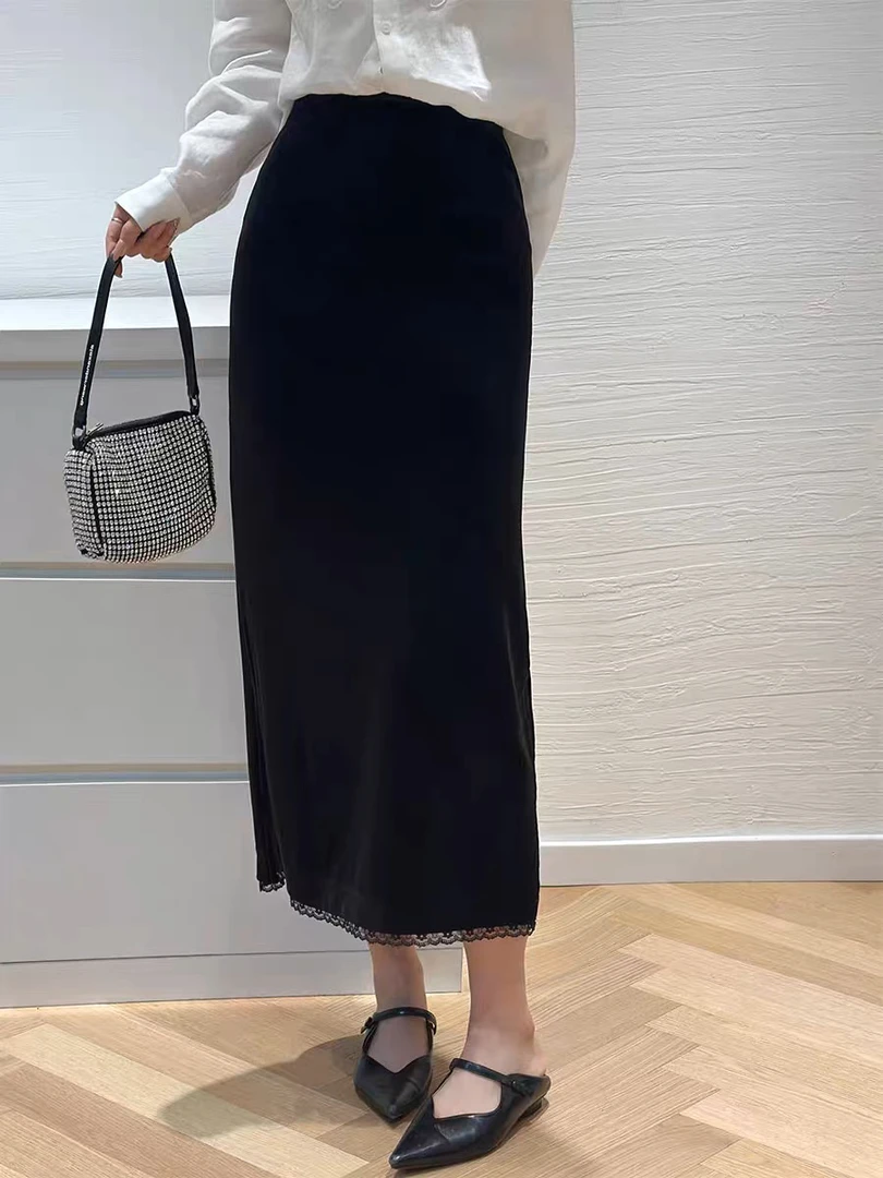 dy2144樱美嘉金丝绒纯色中长款女士半身裙百搭时尚蕾丝